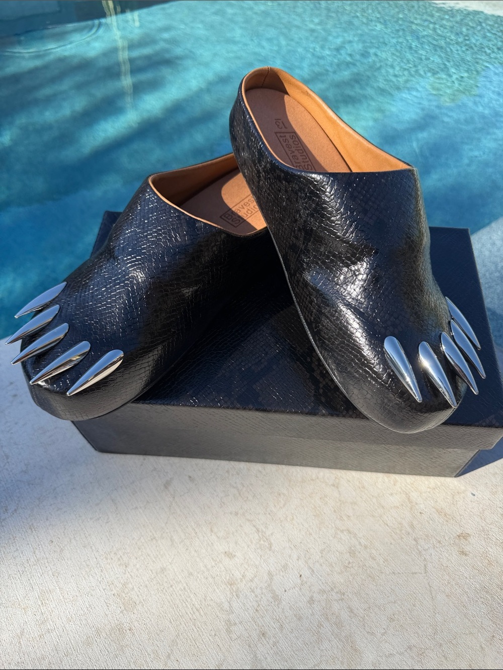 Bravest Studios Black Snakeskin Steel Claw Mules/Slippers New with Box Size 13
